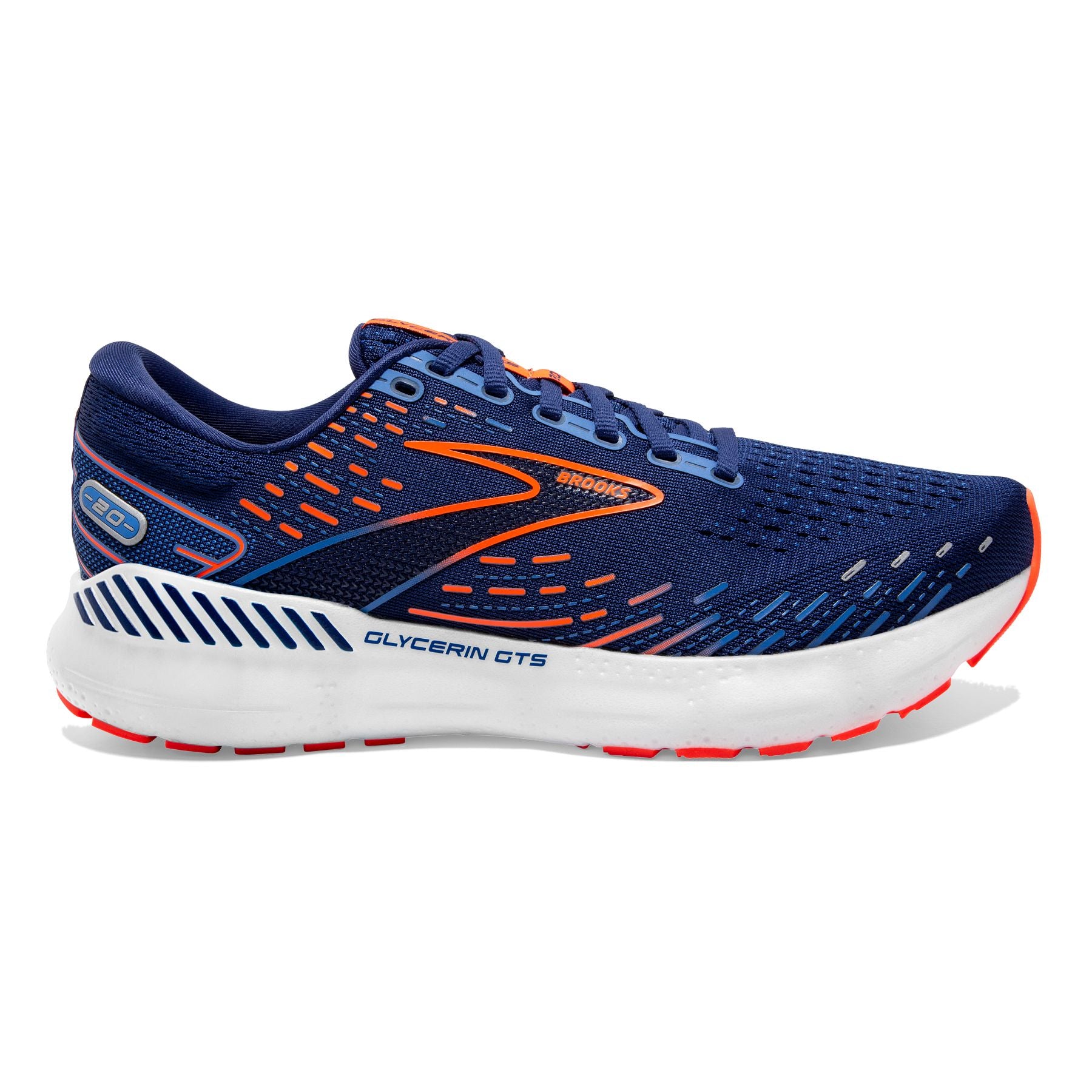 Lateral view of the Men's Glycerin GTS 20 in the wide 2E width, color Blue depths/Palace blue/Orange