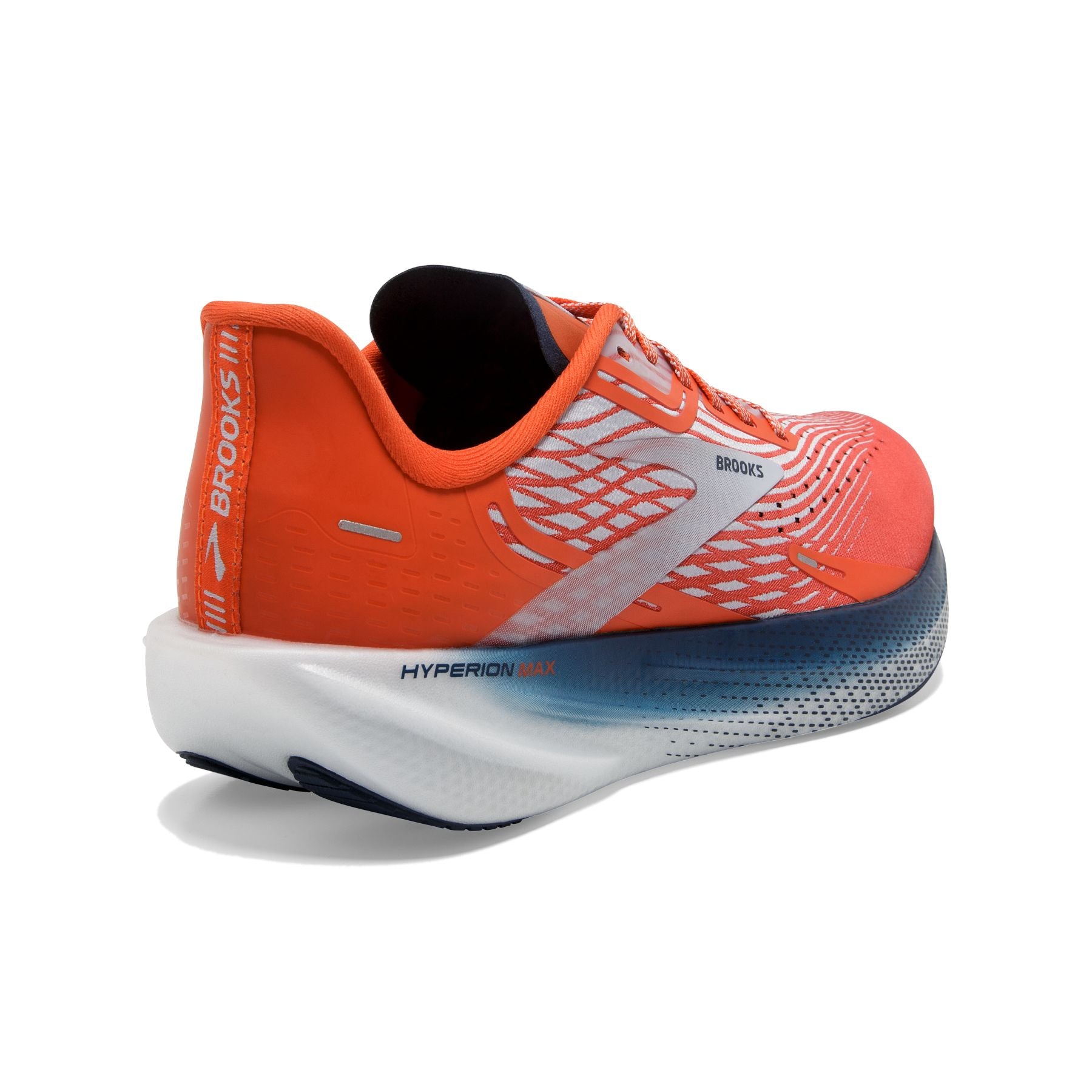Back angle view of the Men's Hyperion Max by BROOKS in the color Cherry Tomato/Arctic Ice/Titan