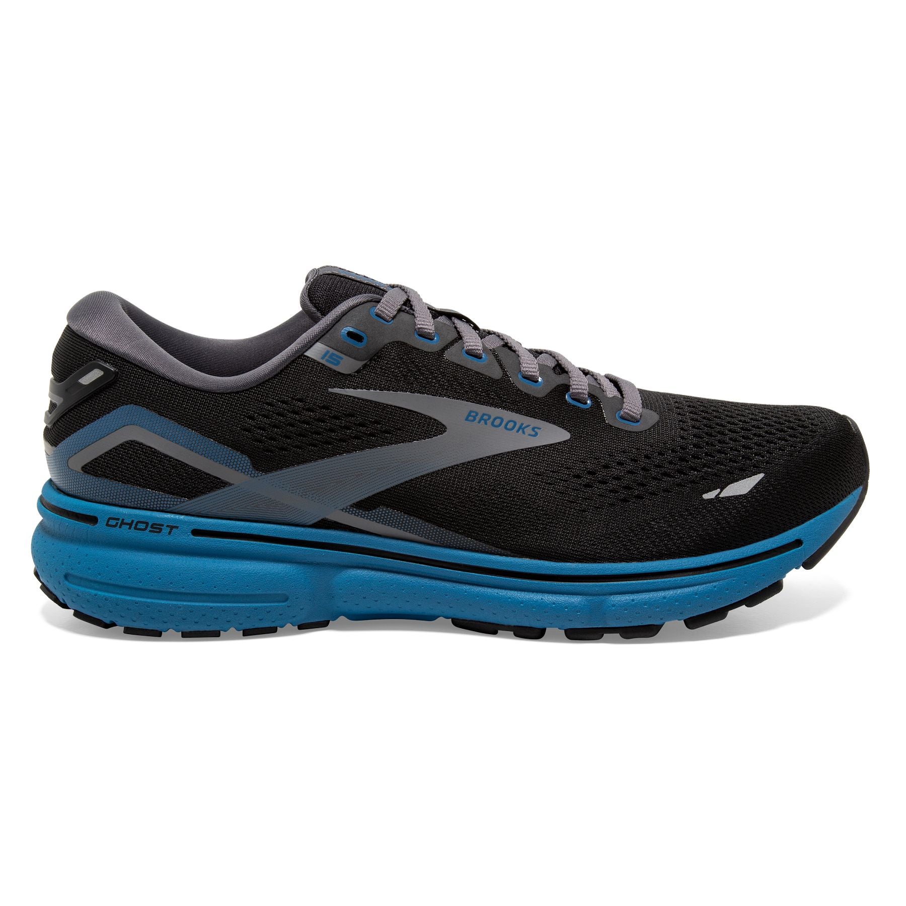 Lateral view of the Men's Ghost 15 by Brooks in the color Black/Blackened Pearl/Blue