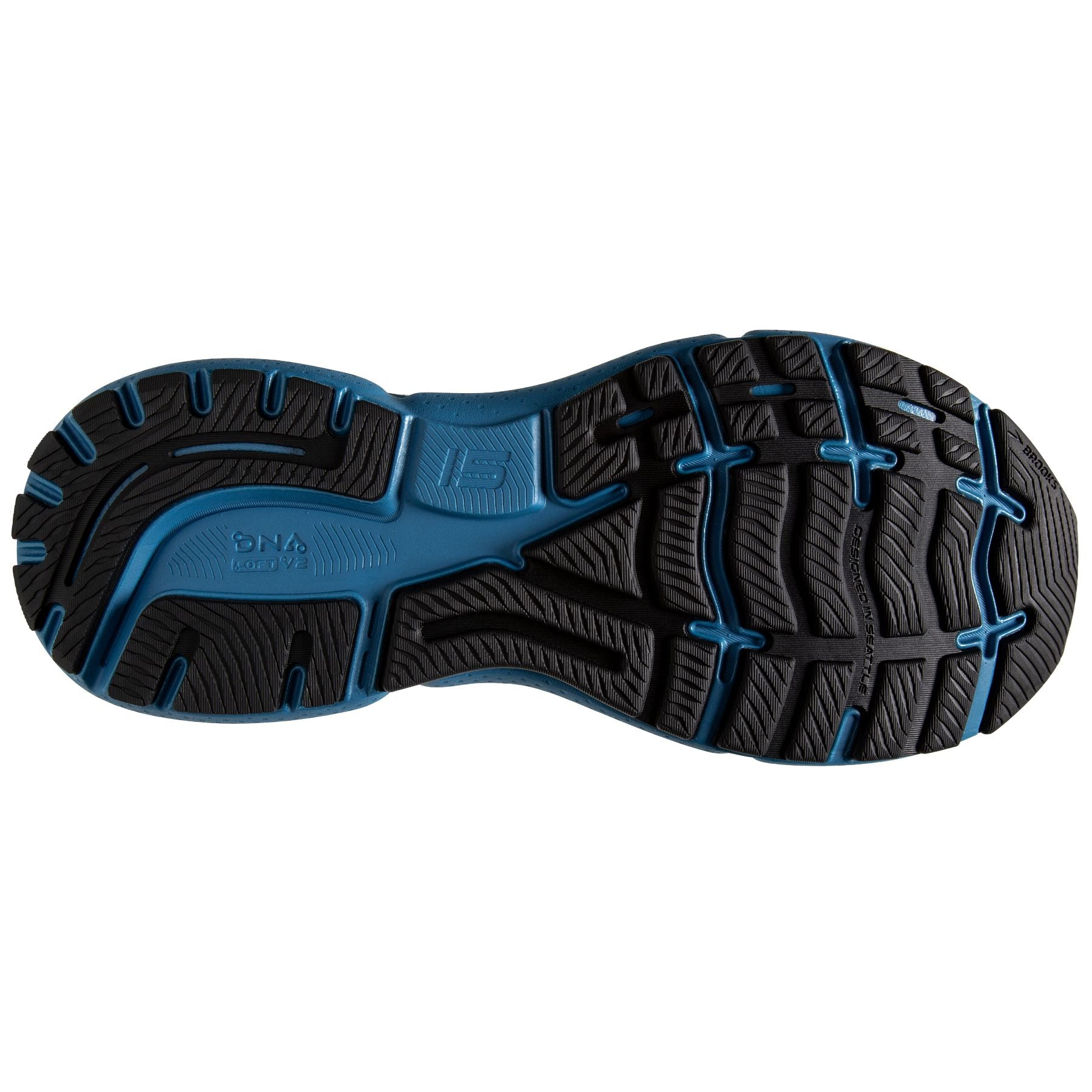 Bottom (outer sole) view of the Men's Ghost 15 by Brooks in the color Black/Blackened Pearl/Blue