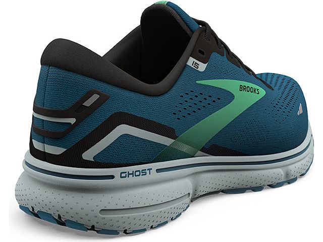Back angle view of the Men's Ghost 15 by Brook's in the color Moroccan Blue/Black/Spring Bud