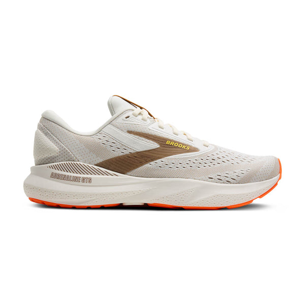 This Adrenaline GTS 24 has a off-white upper and midsole with brown and orange accents.