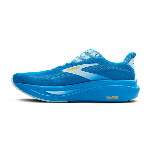 Medial side of a Men's Ghost 17 with a fast looking blue shoe from Brooks.