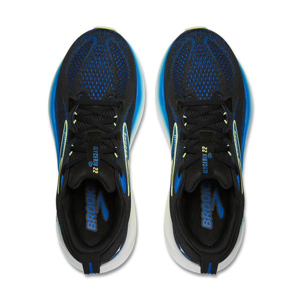 A birds-eye view of this shoe shows a cobalt blue upper beneath a layer of black mesh on the toe.