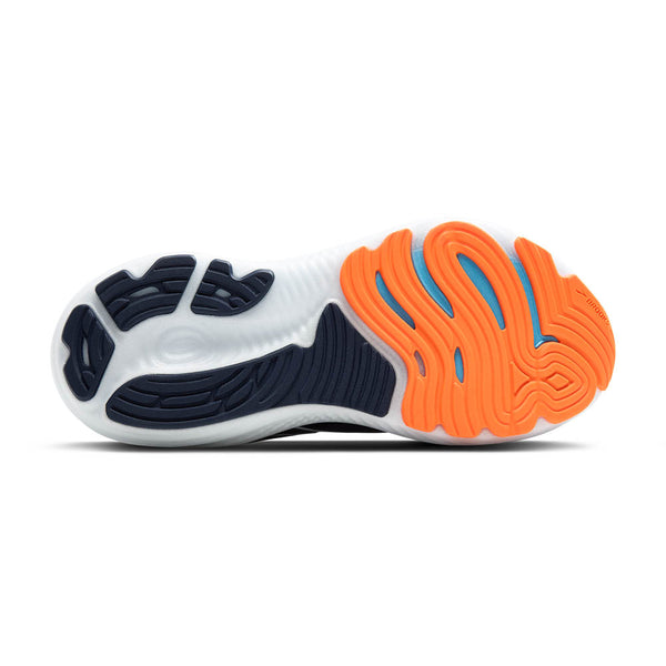 Bright orange rubber is used on the outsole around the toe while navy blue rubber is used around the heel.