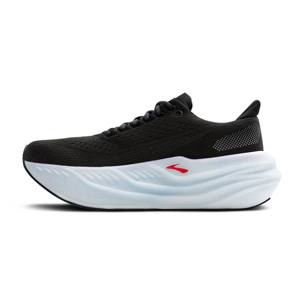 The medial side of this running shoe has a small red Brooks logo on the midsole.