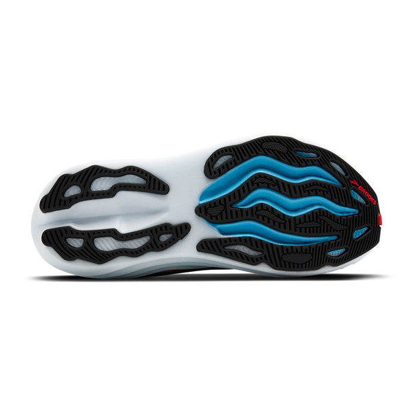 The outsole of this Glycerin Max has black rubber over top of a white and blue midsole.