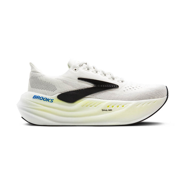 This shoe features a white upper and white and yellow midsole.