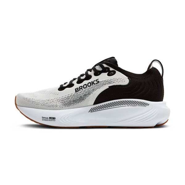 The medial side of this Brooks shoe has a large black material wrapped around teh heel and medial part of the upper.
