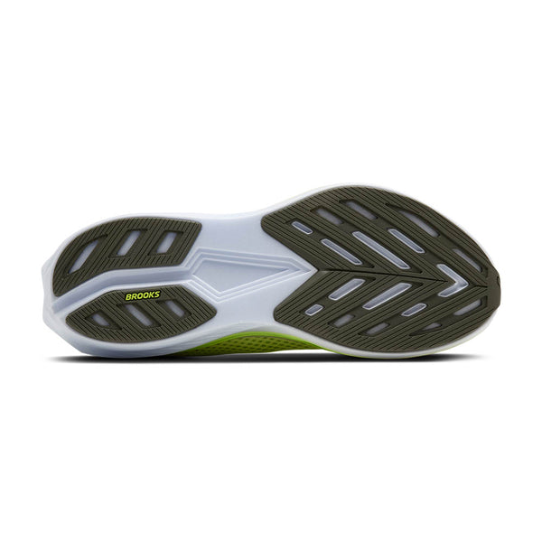 Sole of a running shoe with 'Brooks' branding on a white background