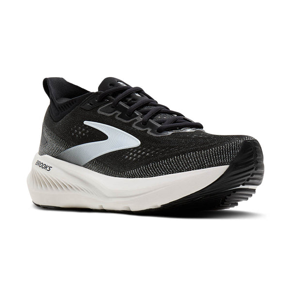Black running shoe with white sole on a white background
