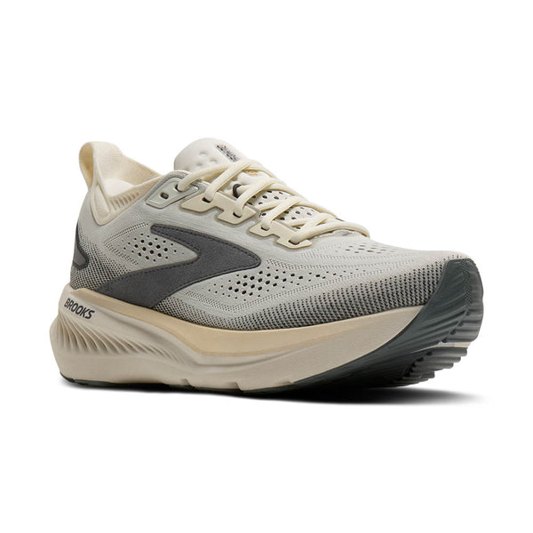 Gray and beige running shoe with Brooks logo on a white background