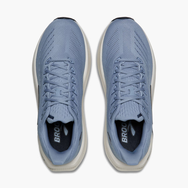 A pair of light blue Brooks running shoes shown from a top-down view against a clean white background.