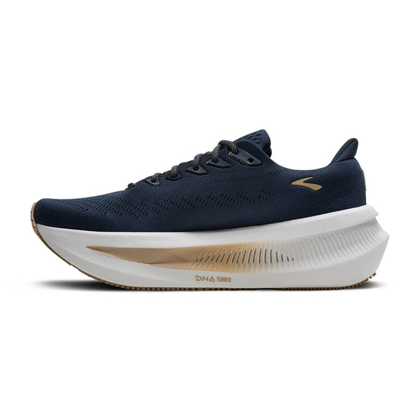 Medial side of a navy Brooks Glycerin max 2 shoe with a very small logo.