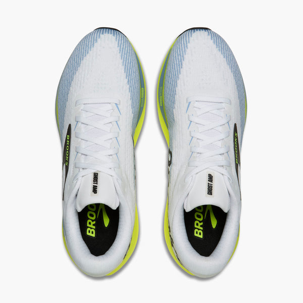 A pair of Brooks Glycerin running shoes shown from a top-down view. The shoes feature a white and light blue knit upper, white laces, a black and white cushioned midsole, and a bright neon yellow-green outsole and inner lining.