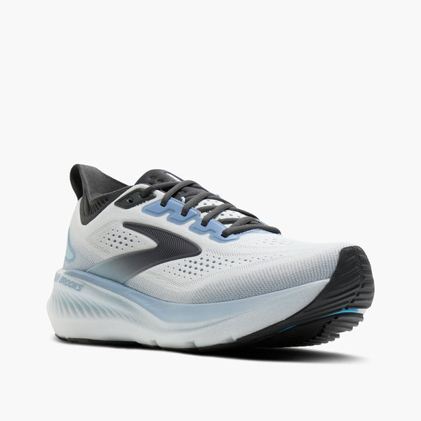 White running shoe with black and blue accents on a white background