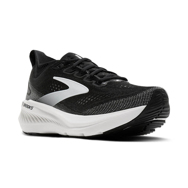 Black and white running shoe with Brooks logo on a white background
