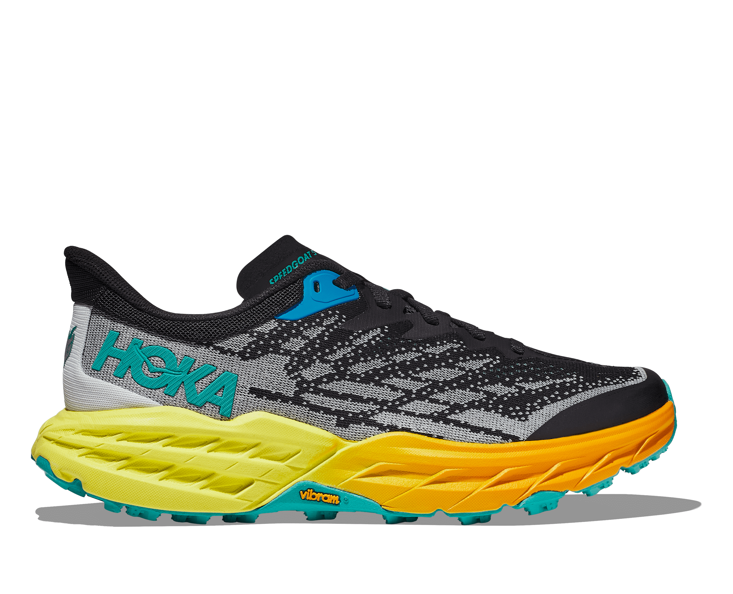 Lateral view of the Men's Speedgoat 5 by HOKA in Black/Evening Primrose