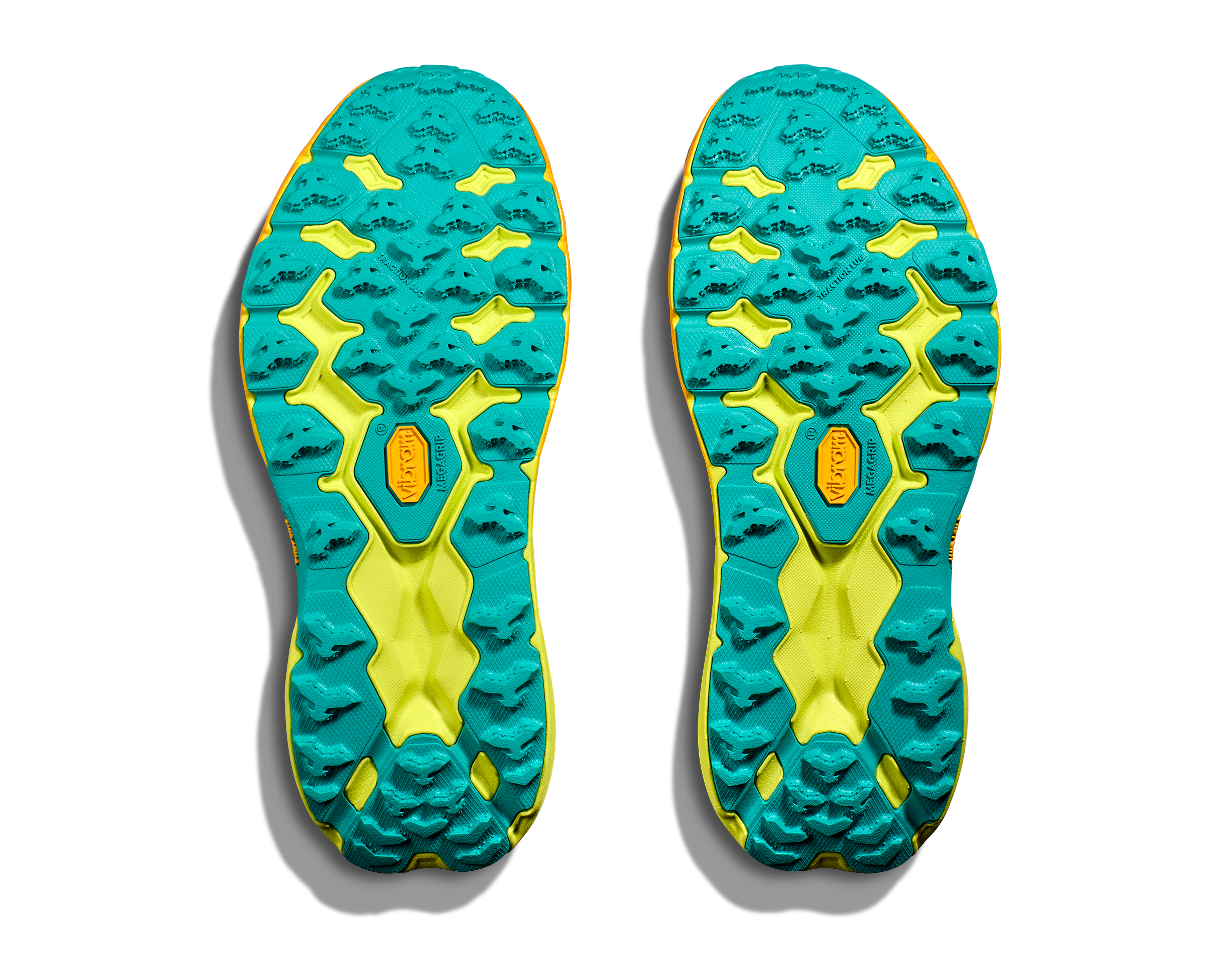 Bottom (outer sole) view of the Men's Speedgoat 5 by HOKA in Black/Evening Primrose