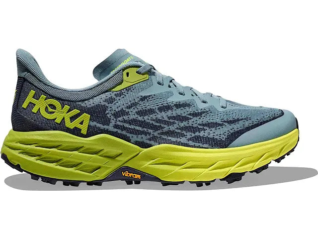 Lateral view of the Men's Speedgoat 5 by HOKA in the color Stone Blue / Dark Citron