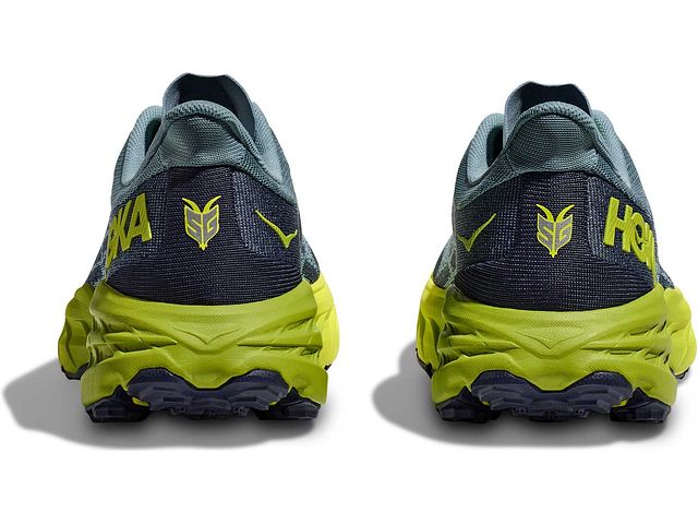Back view of the Men's Speedgoat 5 by HOKA in the color Stone Blue / Dark Citron