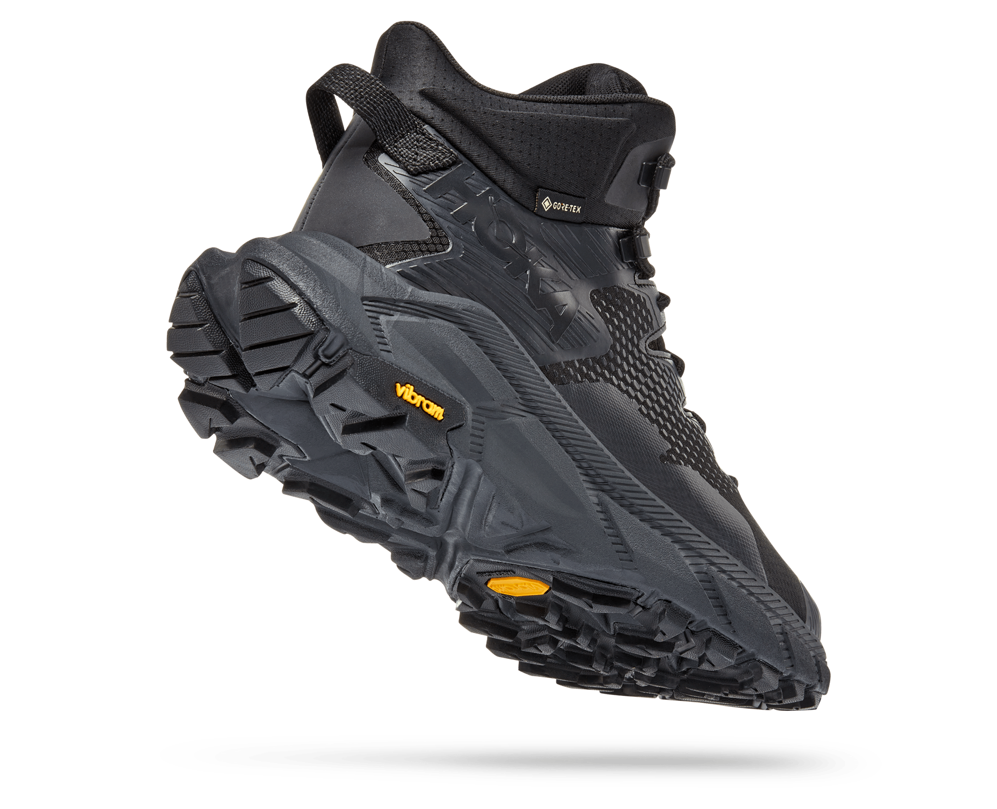 Back angle view of the Men's Trail Code GTX shoe by HOKA in Black/Raven