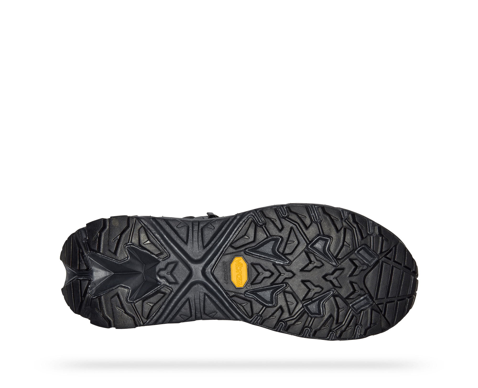 Bottom (outer sole) view of the Men's Trail Code GTX shoe by HOKA in Black/Raven