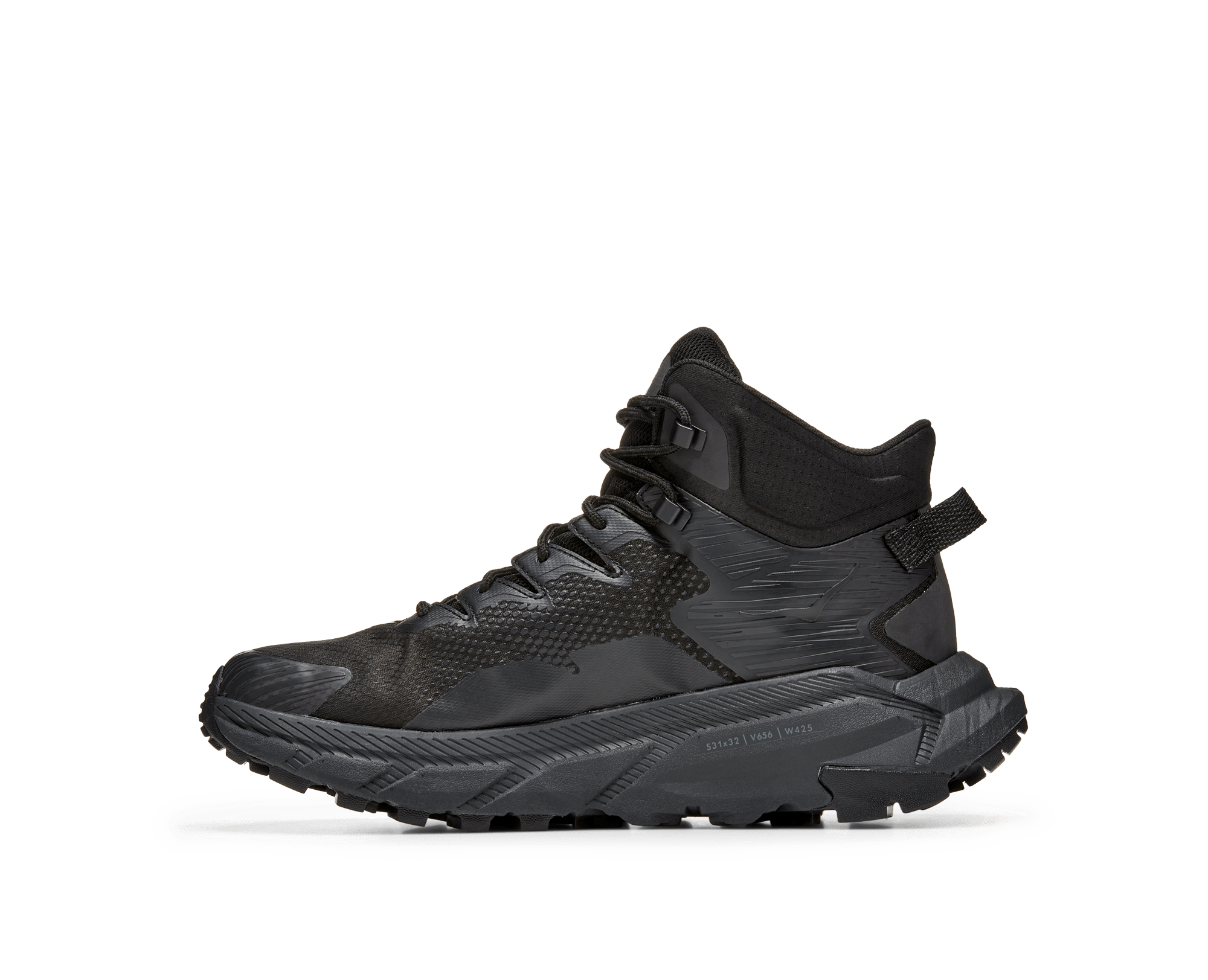Medial view of the Men's Trail Code GTX shoe by HOKA in Black/Raven