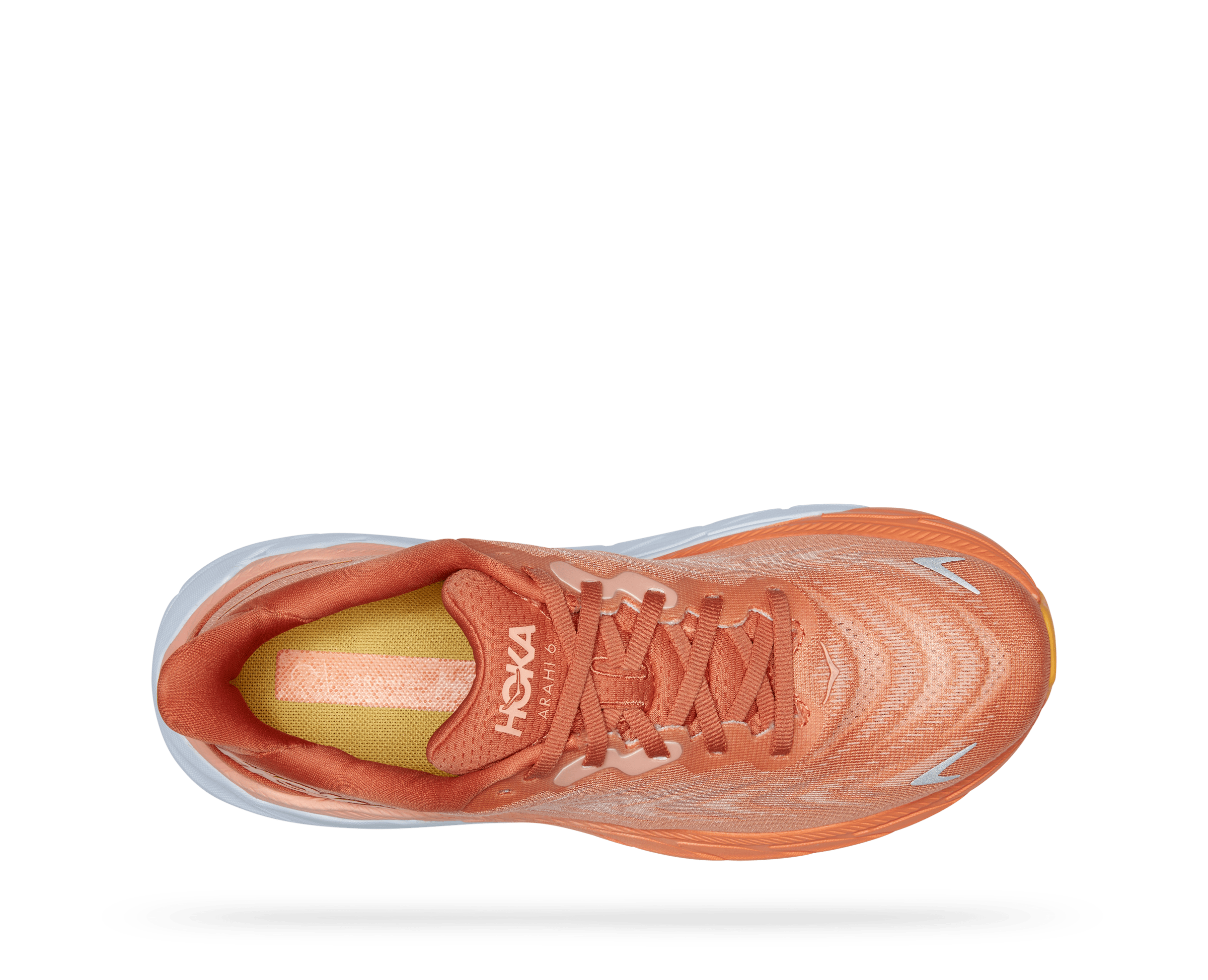 Top view of the Women's Arahi 6 in the color SUN BAKED / SHELL CORAL