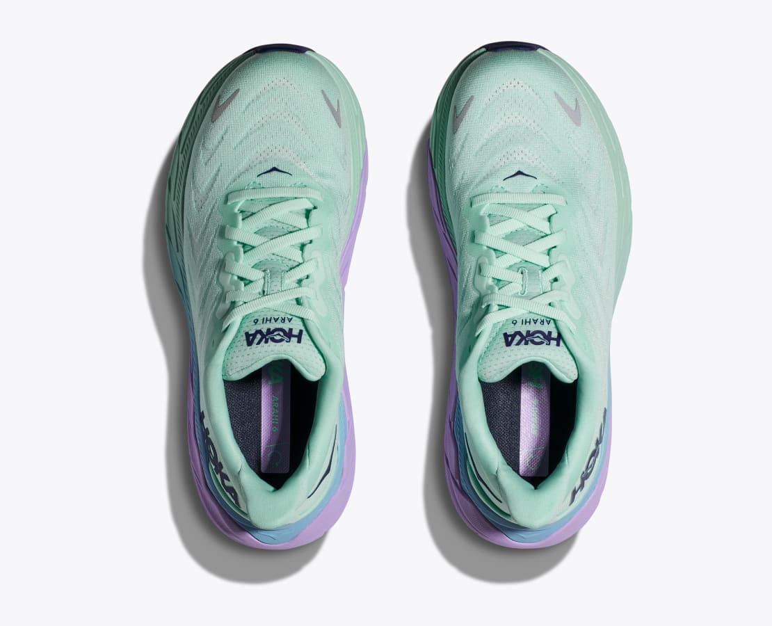 Top view of the Women's Arahi 6 wide D width, color Sunlit Ocean/Lilac Mist