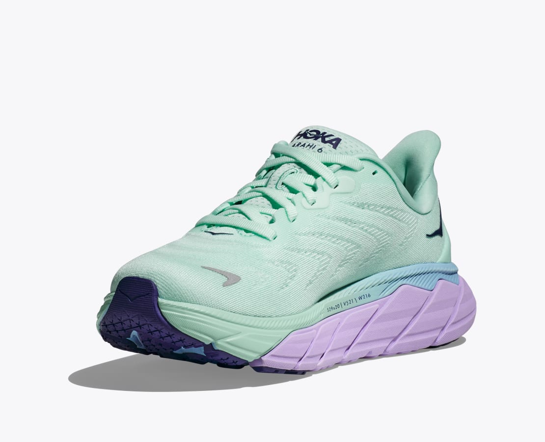 Medial view of the Women's Arahi 6 wide D width, color Sunlit Ocean/Lilac Mist