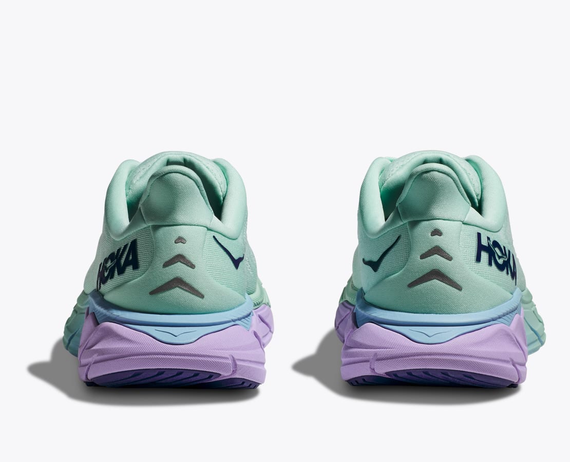 Back view of the Women's Arahi 6 wide D width, color Sunlit Ocean/Lilac Mist