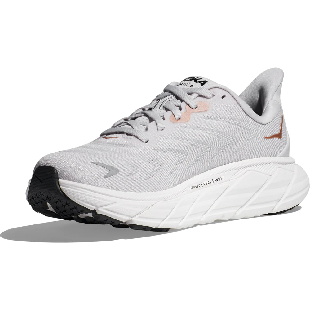 Medial view of the Women's Arahi 6 by HOKA in the color Nimbus Cloud/Rose Gold