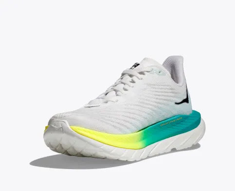 Medial view of the Men's Mach 5 by HOKA in the color White/Blue Glass
