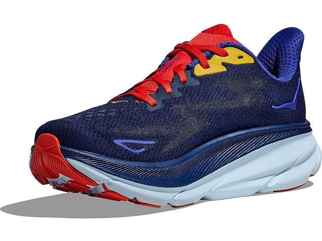 Medial angled view of the Men's Clifton 9 by HOKA in the color Bellwether Blue/Dazzling Blue