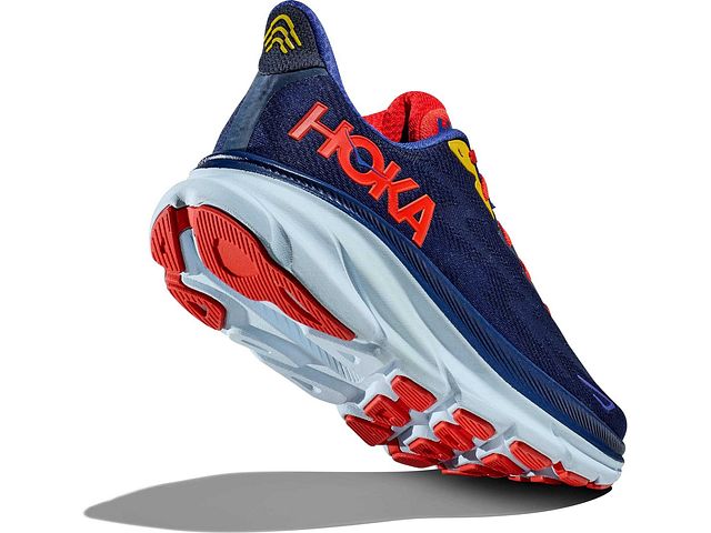 Back angled view of the Men's Clifton 9 by HOKA in the color Bellwether Blue/Dazzling Blue