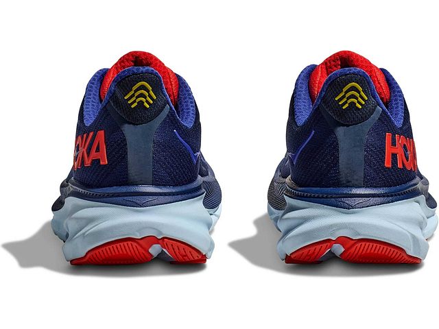 Back view of the Men's Clifton 9 by HOKA in the color Bellwether Blue/Dazzling Blue