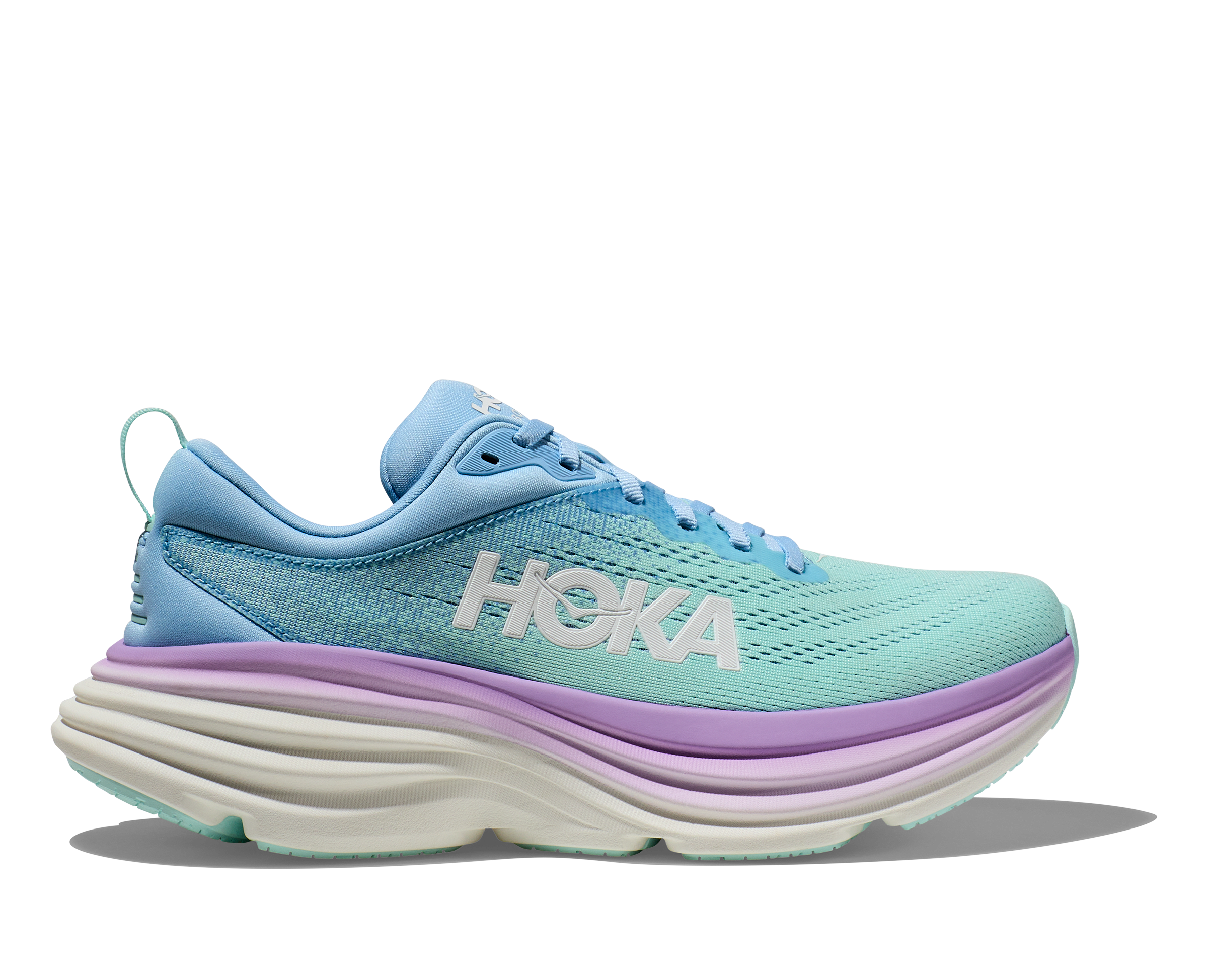 Lateral view of the Women's Bondi 8 by HOKA in the color Airy Blue/Sunlit Ocean