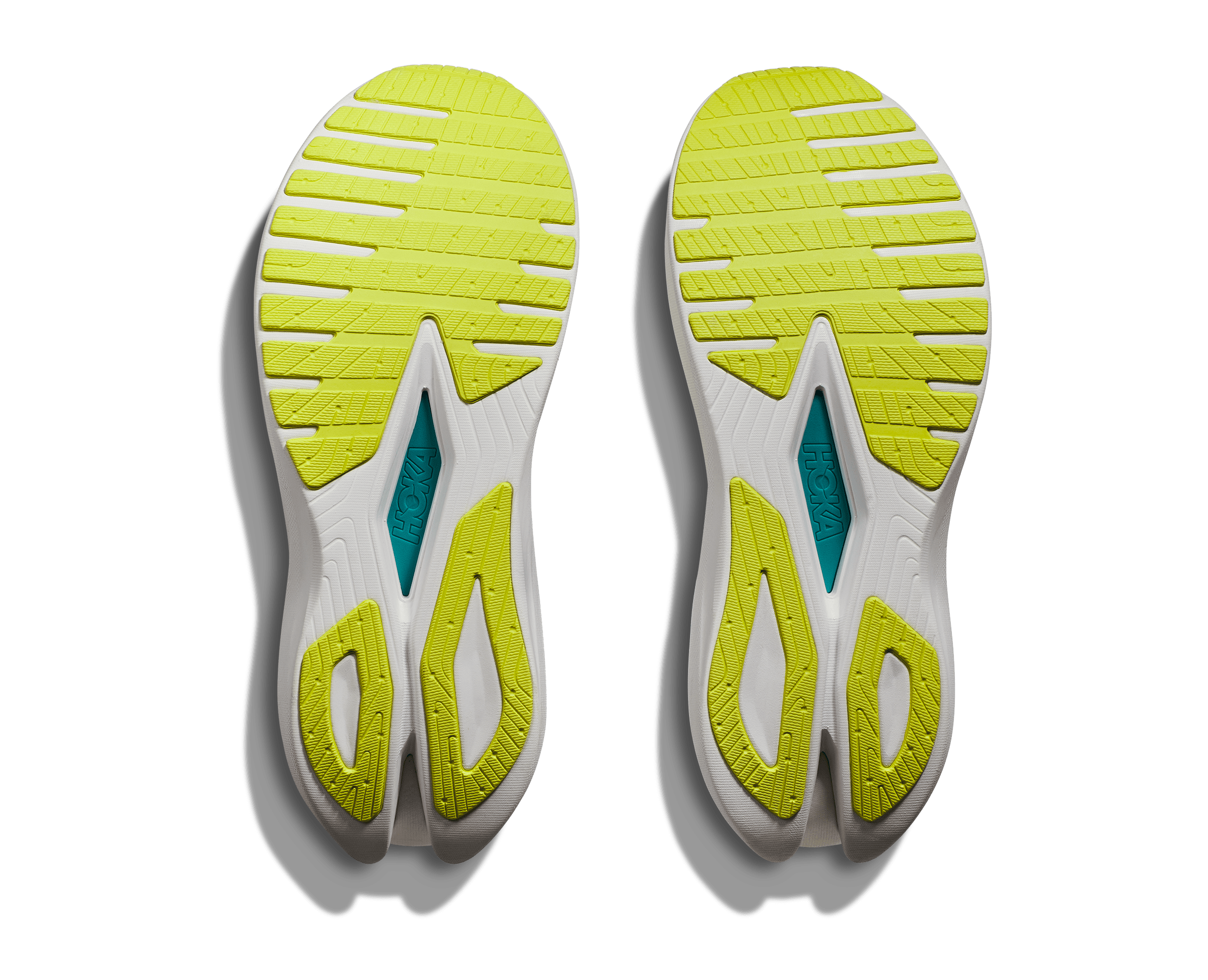 Bottom (outer sole) view of the Men's Mach X from HOKA in the color White/Blue Glass