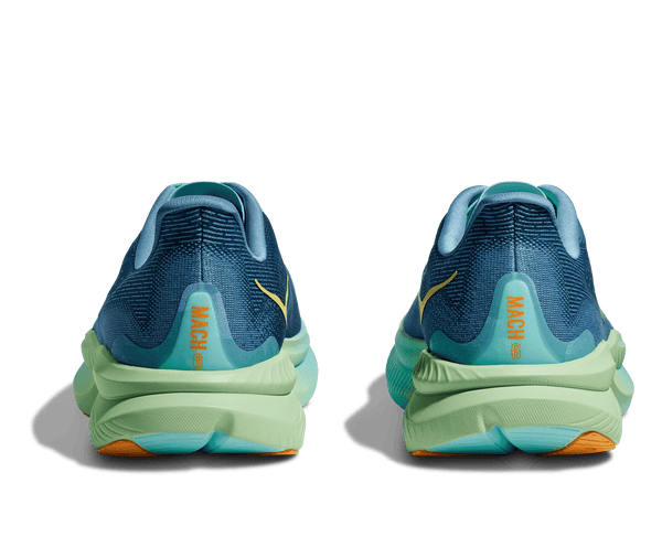 The back view of these Mach 6 running shoes have a lot of detail built into the midsole.