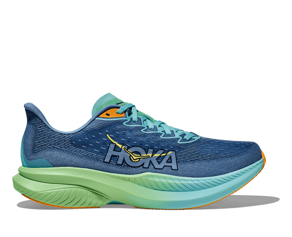 This Hoka Mach 6 has an ombre look to the midsole starting with a bright green color and moving towards teal.