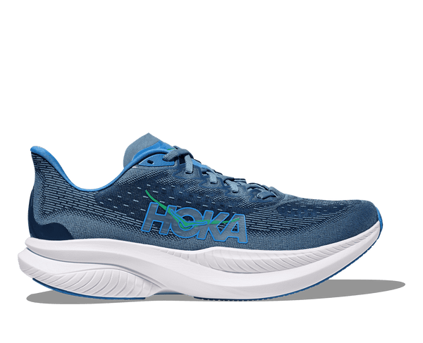 This Hoka Mach 6 has a mostly blue upper with highlights in the stitching.