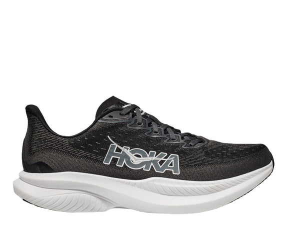 This women's Hoka shoe has a black upper and a white midsole.