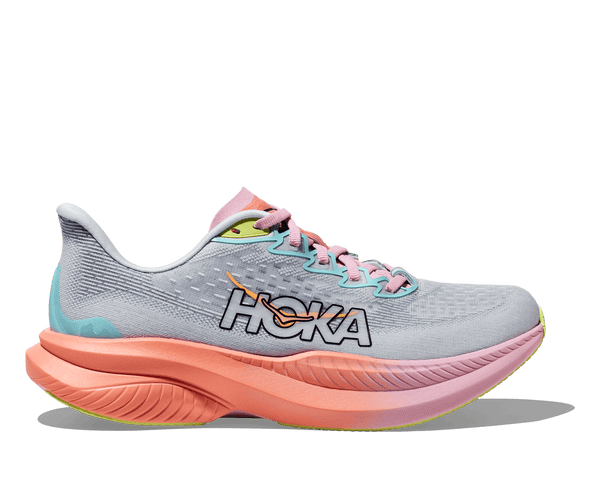 This Mach 6 has a pink and orange ombre midsole and a light grey upper.