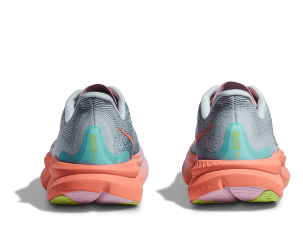 Mach 6 is printed vertiaclly on the heel in yellow lettering over a light blue overlay.