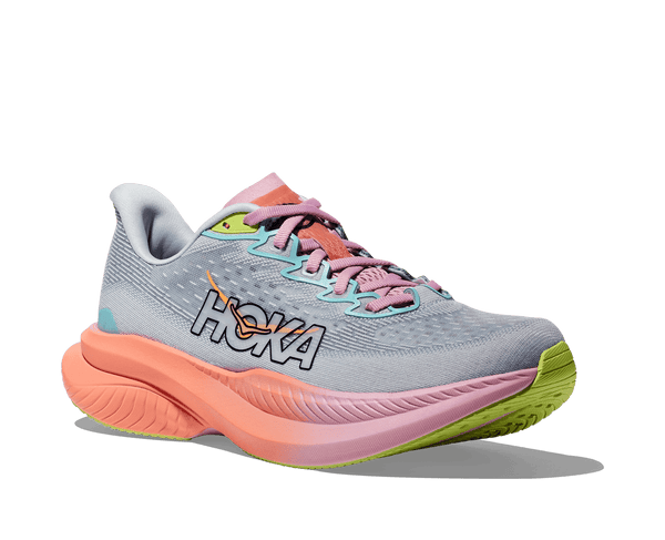The brand name Hoka is outlined in black in the middle on the lateral side of the upper.