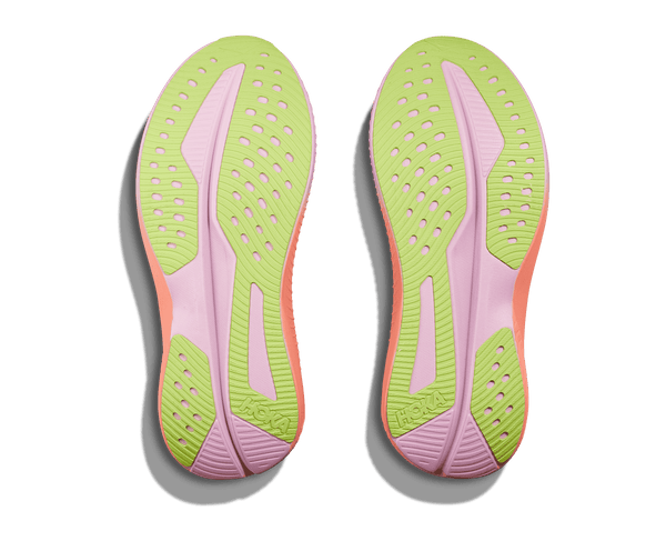 Yellow rubber is used on the outsole to contrast the pink midsole.