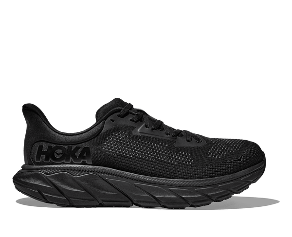 These Hoka shoes are all black, from top to bottom.