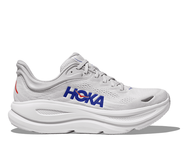 These Hoka running shoes have a blue Hoka logo right in the middle.