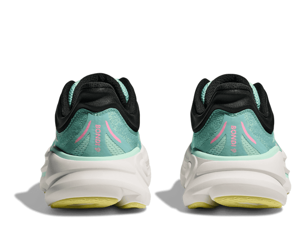 These running and walking shoes from Hoka have the model name, Bondi 9 written vertically on the heel.